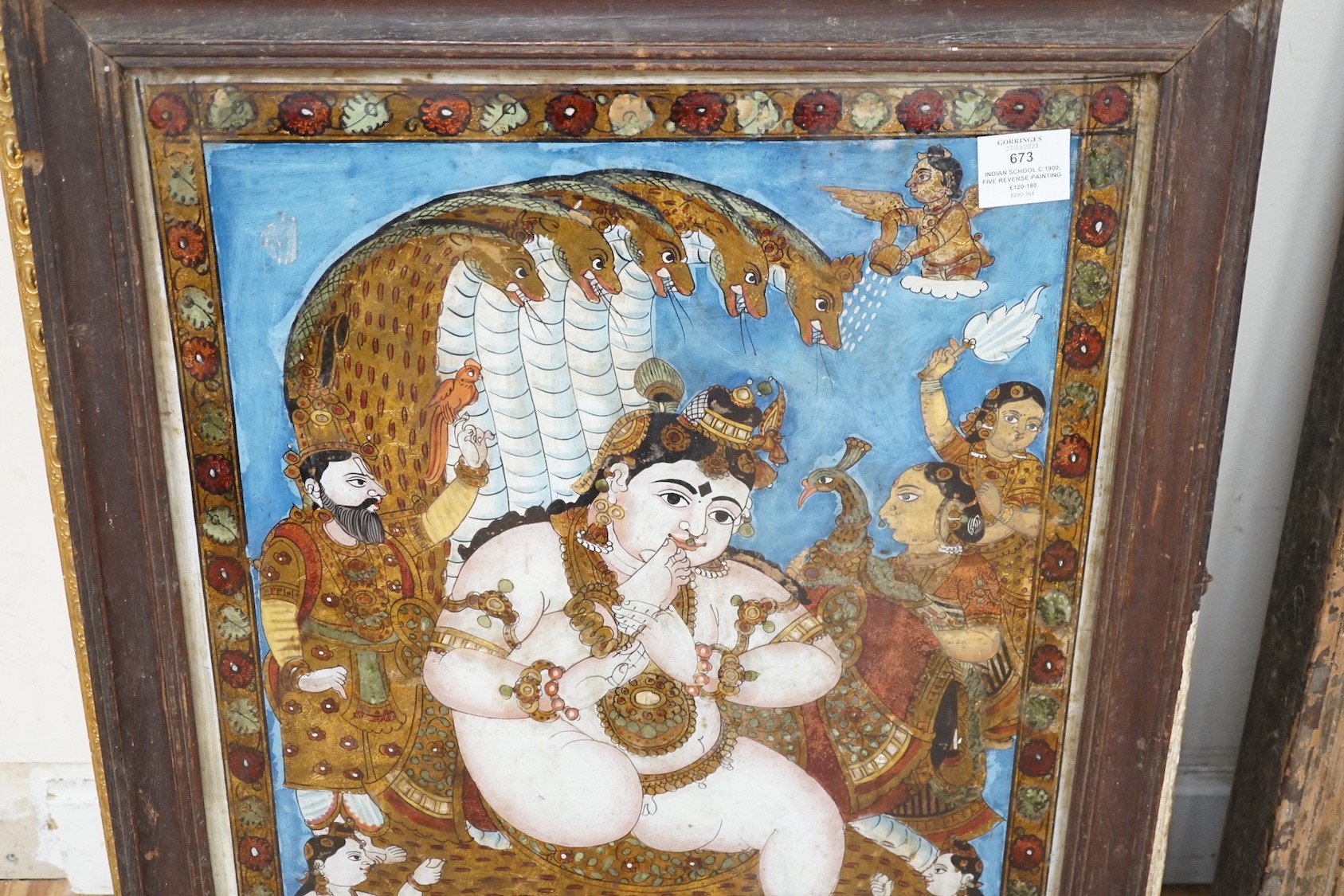 Indian School c.1900, five reverse paintings on glass, Nobles, deities and other figures, largest 59 x 44cm